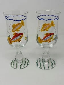 2 Hand Painted Goldfish Wine Cocktail Hurricane Goblets Glasses 8" - Picture 1 of 4