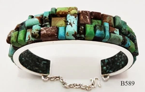 GENUINE VARIETY TURQUOISE IN/OUT COBBLE INLAY .925 SILVER CUFF BRACELET 7-1/2" - Picture 1 of 6