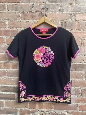 Shanghai Tang 女式毛衣 T 恤,尺寸 L,黑色 100% 棉刺绣 — 第 1/4 张图片