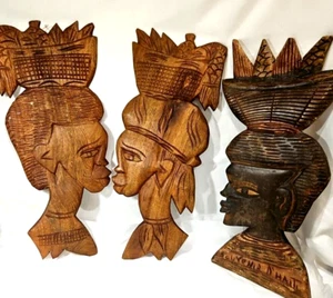 3 Tribal Haitian Wooden Wall Art Faces headdress Carving tropical mahogany 17" - Picture 1 of 10