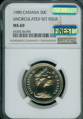 1980 CANADA 50 CENTS NGC MS69 PQ MAC FINEST GRADE MAC SPOTLESS * - Image 1 of 2