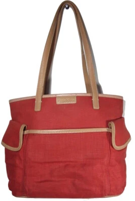 Bolso Cartera COLE HAAN Rojo Lino Borde de Cuero Madrás Forro a Cuadros Muchos Bolsillos Foto 1 de 4