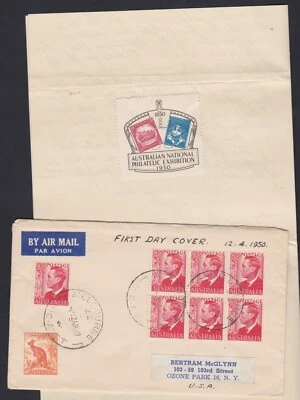 1950 KGVI 2 1/2d Red FDC Australia Cover 1'6 Rate ANPEX Cinderella in Letter USA - Image 1 of 3