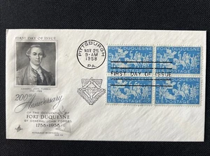 1123 Fort Duquesne Gen John Forbes (Block of 4) FDC Art Craft 1958 Pittsburgh PA - Picture 1 of 2