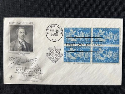 1123 Fort Duquesne Gen John Forbes (Block of 4) FDC Art Craft 1958 Pittsburgh PA - Image 1 of 2