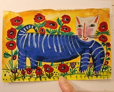 Cher Shaffer Outsider Arte Popular Americana Gatito Gato Pintura AZUL GATITO Folkart Foto 1 de 4