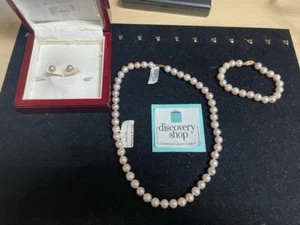 Akoya Pink Pearl Jewelry Set w/ 14k Gold Necklace, Bracelet, Stud Earrings DS30 - Picture 1 of 16