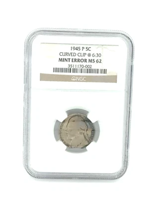 ~OBO~ 1945-P NGC MS62 Error Coin Curved Clip 5C Jefferson Nickel - Image 1 of 3