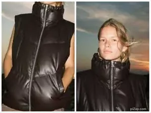 ZARA WOMEN'S BROWN FAUX LEATHER PUFFER GILET VEST WAISTCOAT XS-S 8073/242 - Picture 1 of 18