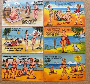 6 TROPICAL FLORIDA COMICS 1950-1953 Sexy, Risque Beach Beauties LINEN Postcards - Picture 1 of 2