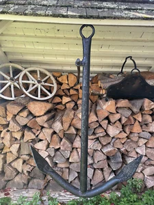 HUGE ANTIQUE HEAVY DUTY INDUSTRIAL 56" X 36" BLACK IRON SHIP BOAT ANCHOR & POST - Picture 1 of 22