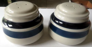 Pair Salt & Pepper Shakers Pottery ? Blue Tone Stripe Gray Base 3" T FREE SHIPG - Picture 1 of 9
