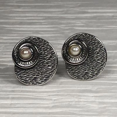 Vintage Swank Cufflinks Silver Tone Snail Shell Faux Pearl Textured  - Image 1 of 4