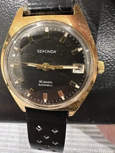 Vintage 1973 Sekonda Gold Plated 30 Jewel Automatic Watch with Black Dial - Picture 1 of 16