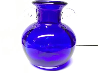 Jarrón de cobalto antiguo soplado a mano púrpura pesado más oscuro con asas de vidrio transparente Foto 1 de 4