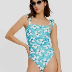 NEW $149 Kate Spade Floral Vines Bow Shoulder One-Piece swim suit River Blue S - Picture 1 of 5