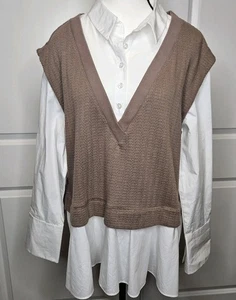 Anthropologie Twofer Sweater Vest Button Up Shirt Combo Size Medium Mocha Knit - Picture 1 of 8
