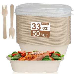 50 Pack 33oz Disposable Paper Meal Prep Containers【with Lids and Forks】 Recta... - Picture 1 of 8