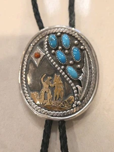 Corbata Bolo Coral Turquesa Plata Esterlina Firmada De Colección con Figuras Rellenas de Oro - Imagen 1 de 8