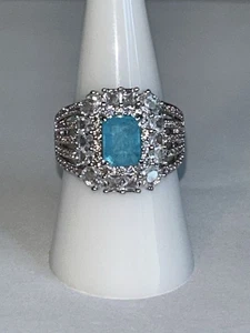 Size 8 CUSHIONED GRACE Aqua Blue Quartz Ring on RHODIUM Bomb Party NEW! - Picture 1 of 5