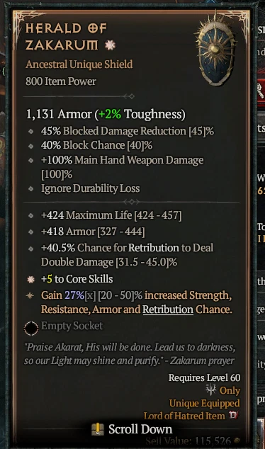 DIABLO 4❄️SEASON 11🔥HERALD OF ZAKARUM UNIQUE SHIELD🔥1 GA CORE SKILL🔥