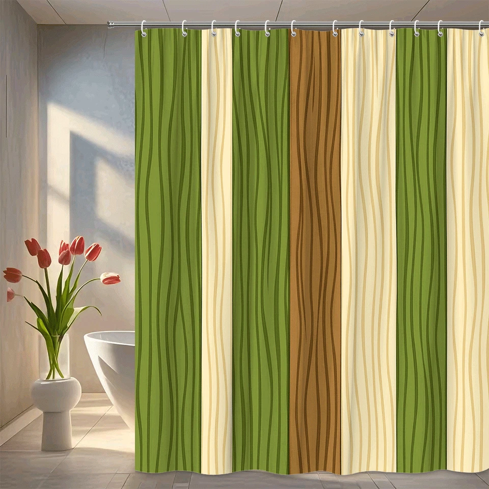 Cortina de ducha a rayas verdes y marrones para decoración de baño Foto 1 de 4