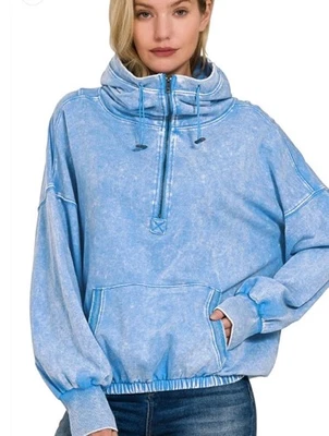 Zenana Sky Blue Acid Wash Kangaroo Pocket 1/2 Zip Hoodie Sweatshirt- Large - Image 1 of 4