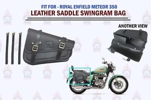 BLACK COLOR "LEATHER SADDLE SWINGARM BAG FIT FOR ROYAL ENFIELD METEOR 350" - Foto 1 di 14
