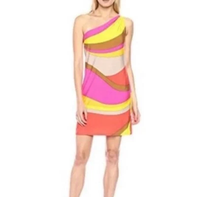 Trina Turk Faraway Vivid Vista One Shoulder Mini Dress Size Large Pink Multi - Image 1 of 4