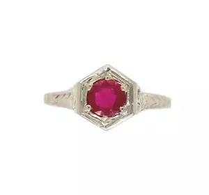 Anillo Art Deco Oro Blanco 14k 0,49ct Rubí Natural Genuino Grabado a Mano (#J6388) - Imagen 1 de 10