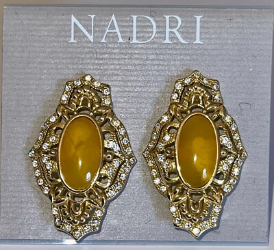 Nadri JEWELED GOLD CLIP EARRINGS WITH TOPAZ YELLOW CENTER.   NEW. GORGEOUS! - Image 1 of 2