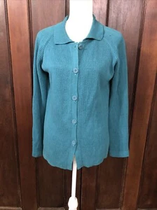 Sigrid Olsen Sport Teal Blue Cotton Blend Knit Button Down Collared Cardigan S - Picture 1 of 9