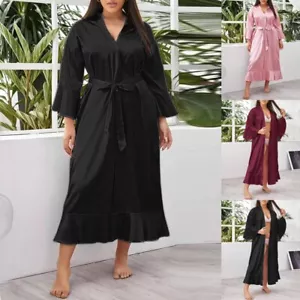 Plus Size Women Silk Long Sleeve Night Dress Sleepwear Kimono Gown Robe Bathrobe - Picture 1 of 14