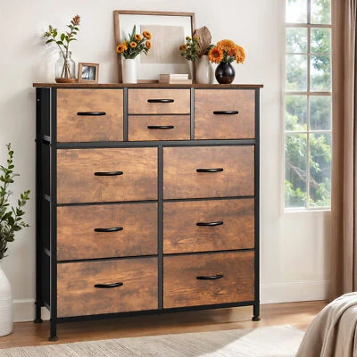 Armario organizador de almacenamiento rústico marrón tela tocador 10 cajones mesita de noche Foto 1 de 4