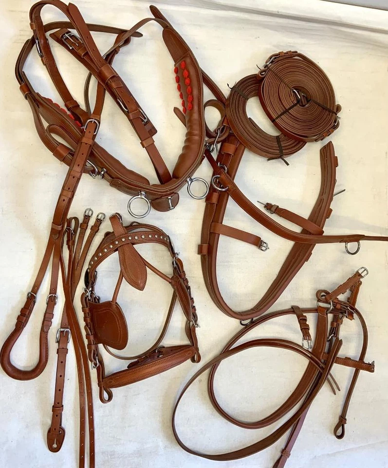 Leather TAN-Complete Cart Driving Training Horse/ Cob Harness + 5" 1/2Cheek Bit - Image 1 of 1