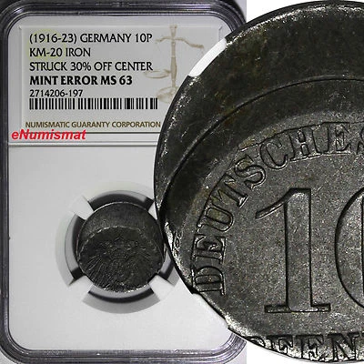 Germany-Empire IRON (1916-23) 10 Pfennig NGC MINT ERROR MS63 SCARCE KM# 20 (197) - Image 1 of 4