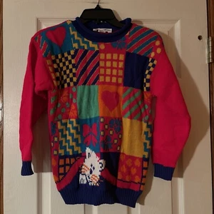 VTG 80s Girls Brisbane Express Neon Bright Colored Sweater Cat Made in USA - Picture 1 of 7