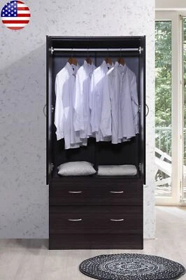 2-Door Armoire 2-Drawers Clothing Rod Sturdy Durable Wood Storage Any Room Black - Image 1 of 4