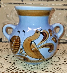 Beautiful Tonala Mexican Blue Hand Painted 6" Pottery Vase Urn Handles (read) - Picture 1 of 12