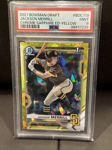 2021 Bowman Draft Chrome Sapphire Jackson Merrill Yellow Refractor /99 PSA 9 - Bild 1 von 2
