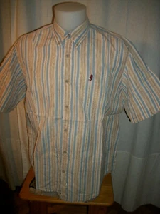 MARLBORO CLASSICS Cotton Beige Striped Blue Short Sleeve Sports Shirt XL or 44 - Picture 1 of 4