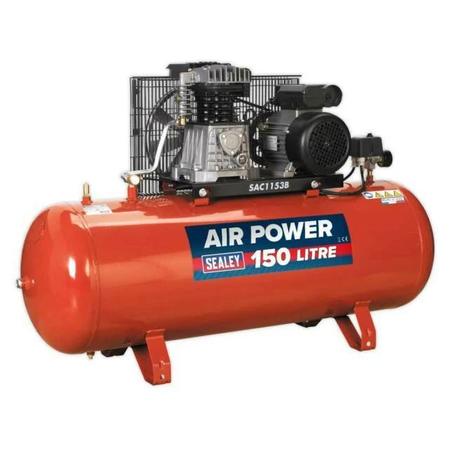 Sealey SAC1153B 150L 3HP Belt Drive Air Compressor with Cast Cylinders - Red