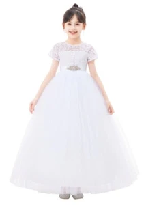 Floral Lace Flower Girl Dress Pageant Dress with Rhinestone Sash Birthday Dress - Picture 1 of 42
