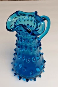 Vintage Hand Blown Art Glass Aqua Blue Hobnail 7” Pitcher/Vase - Picture 1 of 7