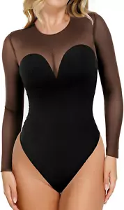 Long Sleeve Mesh Shapewear Bodysuit for Women Tummy Control Sheer Body Suits Wom - Picture 1 of 12