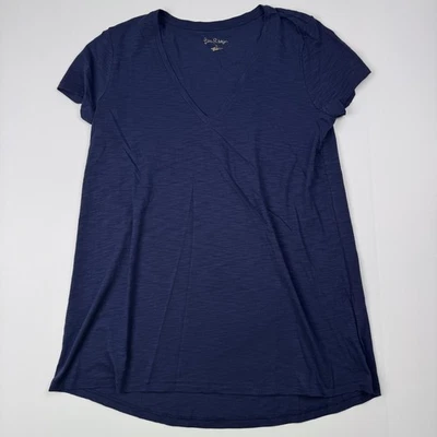 Camisa Lilly Pulitzer Para Mujer Pequeña Azul Cuello en V Tejido Slub Camiseta Informal Todos los Días Foto 1 de 4