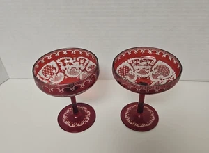 Bohemian Champagne Coupes Ruby Cut to Clear Egermann Stag Pair Handmade - Picture 1 of 6