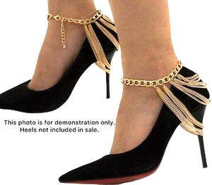 Multi Layered Curb Chain Link Gold Tone High Heel Tassel Anklet 11 Inch - Picture 1 of 18