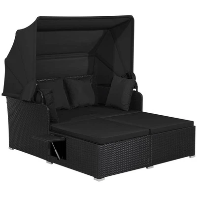 Ротанговый шезлонг для патио гостиной выдвижной верх навес боковые столики подушки бежевый - Изображение 1 из 4