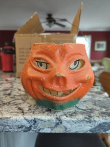 ANTIQUE PAPER MACHE PULP JACK-O-LANTERN HALLOWEEN ALL ORIGINAL 5" PUMPKIN - Picture 1 of 9